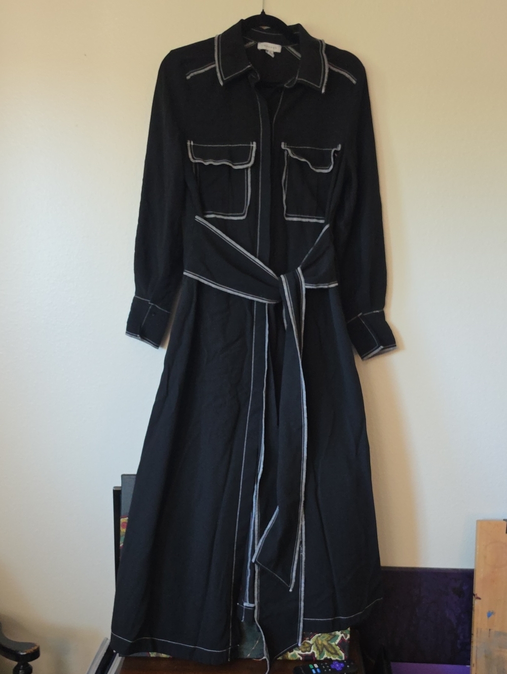 Topshop Black Long Sleeve Shirt Dress with White Contrast Stitching